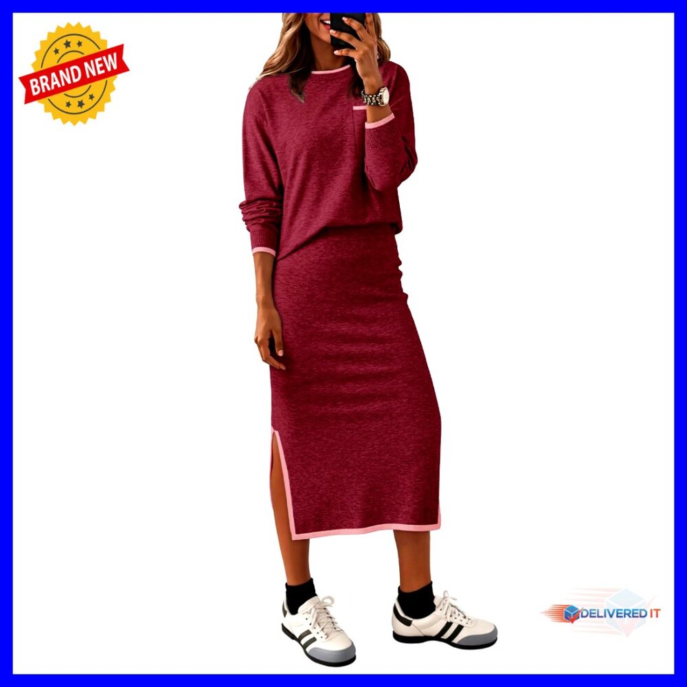 Knit Sweater Skirt Set Thermal Two Piece Outfit Business Casual Travel Wear